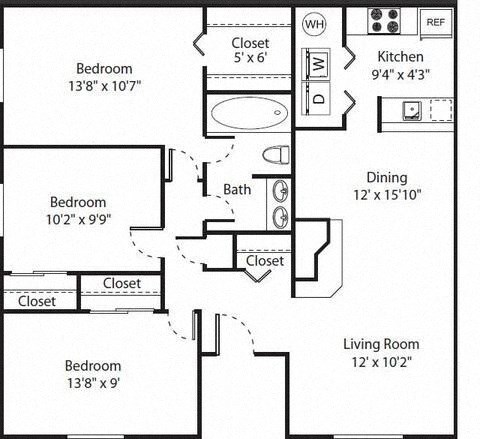 Floor plan for 3 beds, 1 bath, 1050 sqft